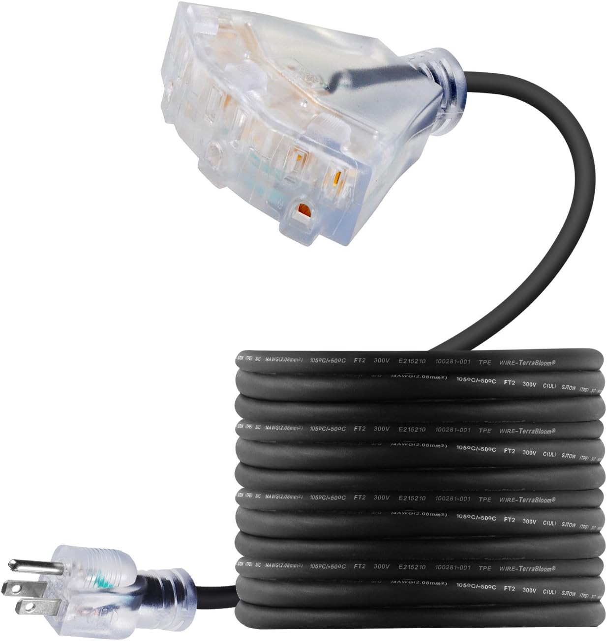 TerraBloom 14/3 Heavy Duty Extension Cord 15 FT Outdoor - Black Outdoor Extension Cord Multiple Outlet - Ultra-Flexible SJEOW Rubber, Light Indicator, Triple Outlet for Maximum Efficiency - 15 Amp