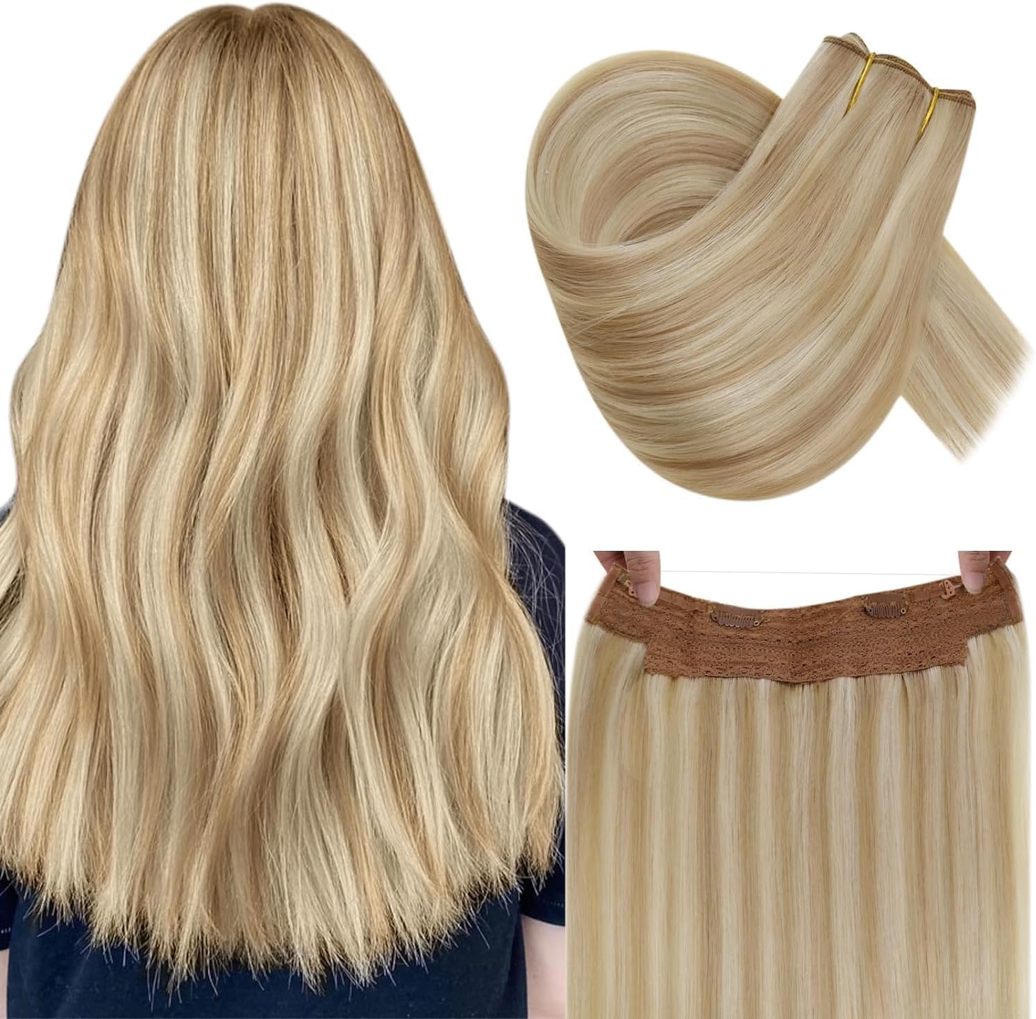 RUNATURE Invisible Wire Hair Extensions Real Human Hair 18 Inch Fish Line Hair Extensions Human Hair Ash Blonde Highlights Blonde One Piece for Women Straight Hair 100g #18p613 — image 1