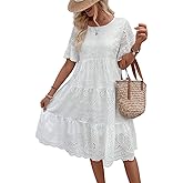 chouyatou Women's Lace Eyelet Short Sleeve Tiered Midi Long Dress Ruffle Hem Babydoll Short Dress