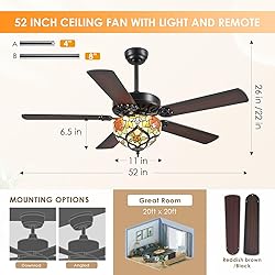 BYKISTOK 52" Tiffany Ceiling Fans with Glass Shade