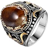 Rofusn Tiger Eye Cool Biker Ring: Gold Silver Retro Stainless Steel Oval Stone Statement Signet Ring Band Gothic Jewelry Gifts for Men Women