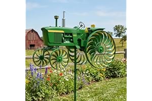 Garden Wind Spinner, Green Tractor Windmill Stake with Rotating Wheels for Patio Yard Garden, Unique Outdoor Sculptures Ornam