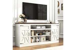 Hlivelood 75" Farmhouse TV Stand with Power Outlets for 85 Inch TVs, 33" Tall Entertainment Center with Storage Cabinets w/Adjustable Shelves, Rustic Large TV Media Console, Rustic White