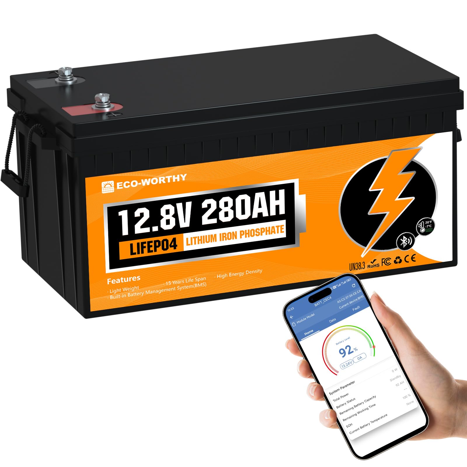 ECO-WORTHY 12V 280AH Bluetooth LiFePO4 Lithium Battery with Low-Temp Protection, 3584Wh Power with BMS, 6000+ Deep Cycles for RV, Camping, Off-Grid System