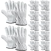 Bunnycool 12 Pairs Bulk Leather Work Gloves for Driver for Men or Women Welding Gloves for Truck Driving, Construction, Warehouse, Gardening, Automotive Repair, Cowhide (Gray, White)