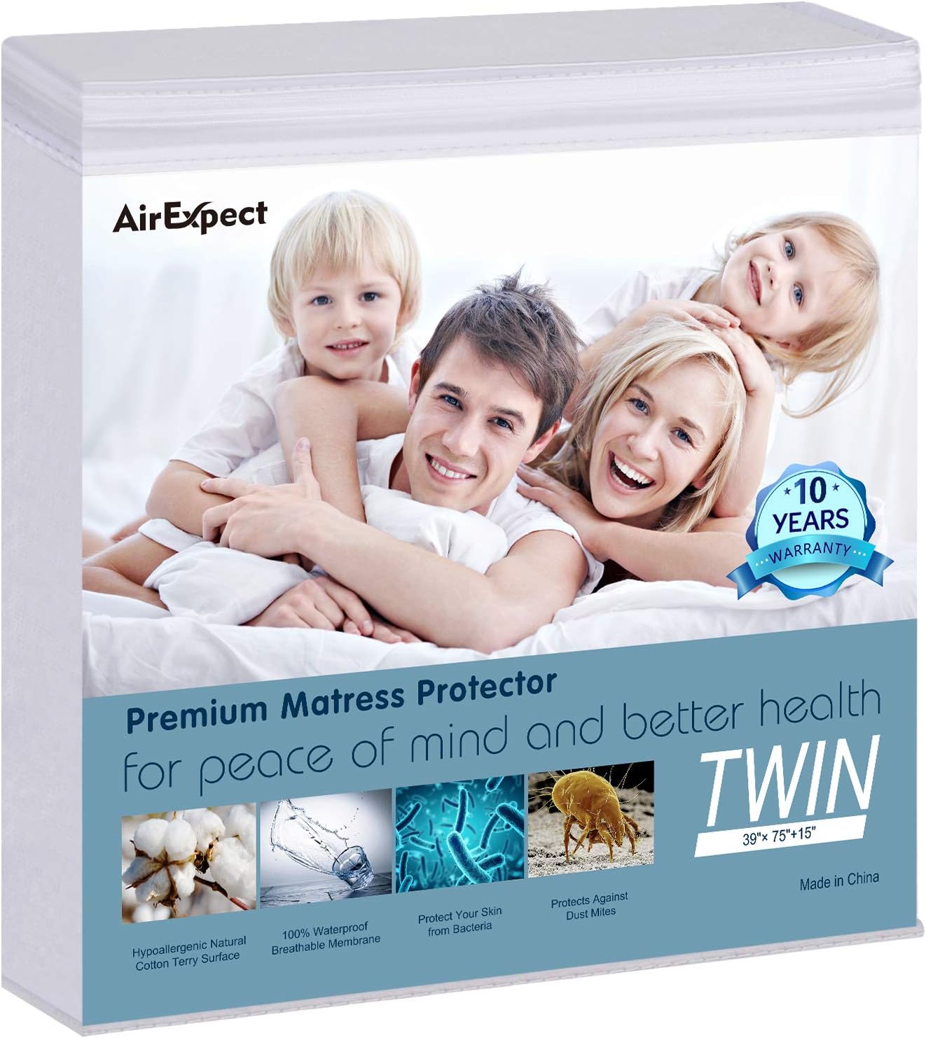 AirExpect Waterproof Mattress Protector Twin Size Premium Cotton Breathable Mattress Pad Cover, Deep Pocket, 39 x75 Inches