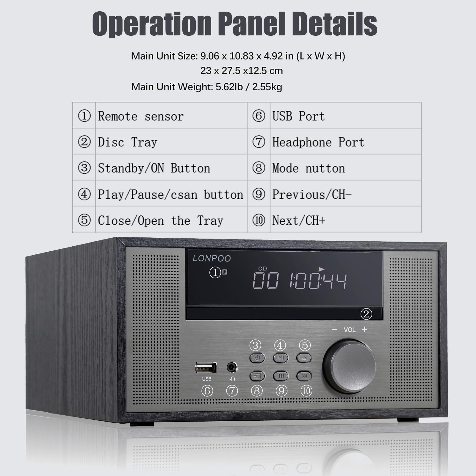 LONPOO Home CD Stereo Shelf System,100W Hi-Fi Bookshelf Speskers System (with CD Player, FM Radio, Bluetooth 5.3, USB Playback, AUX-in, Headphone Jack, Remote Control, DSP-Tech)