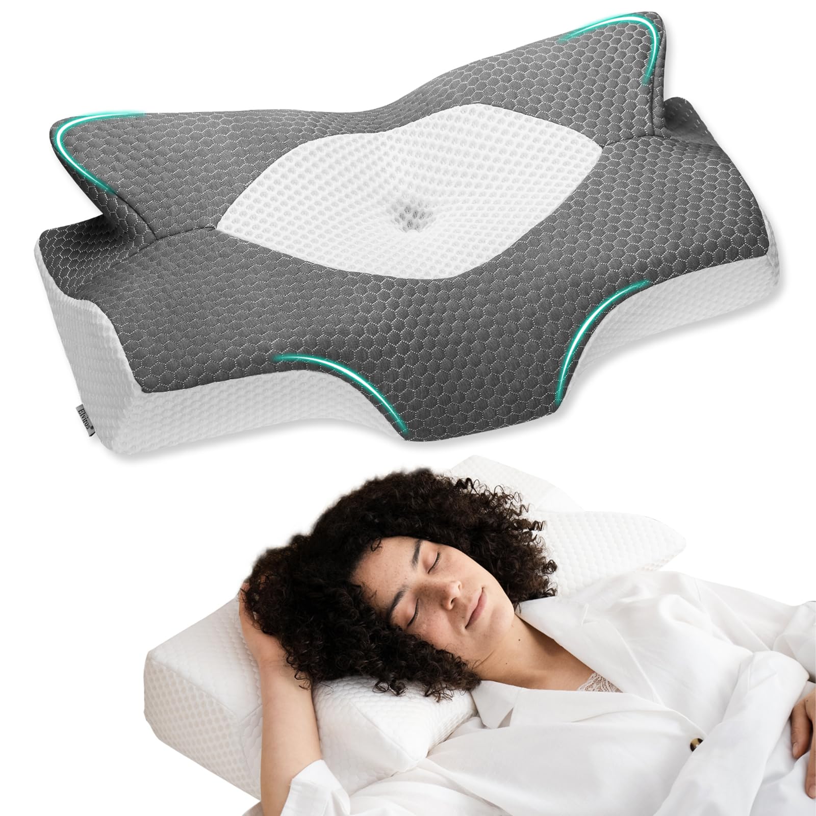 Elviros Cervical Memory Foam Pillow for Neck Pain Orthopedic Neck Pillow for Shoulder Pain Ergonomic Head Neck Support Pillow for Side/Back/Stomach Sleepers with Removable Cover (DARK GREY)