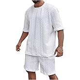 GORGLITTER Men's Big and Tall Vacation Beach Outfits Cable Knit Short Sleeve T Shirt Shorts Set