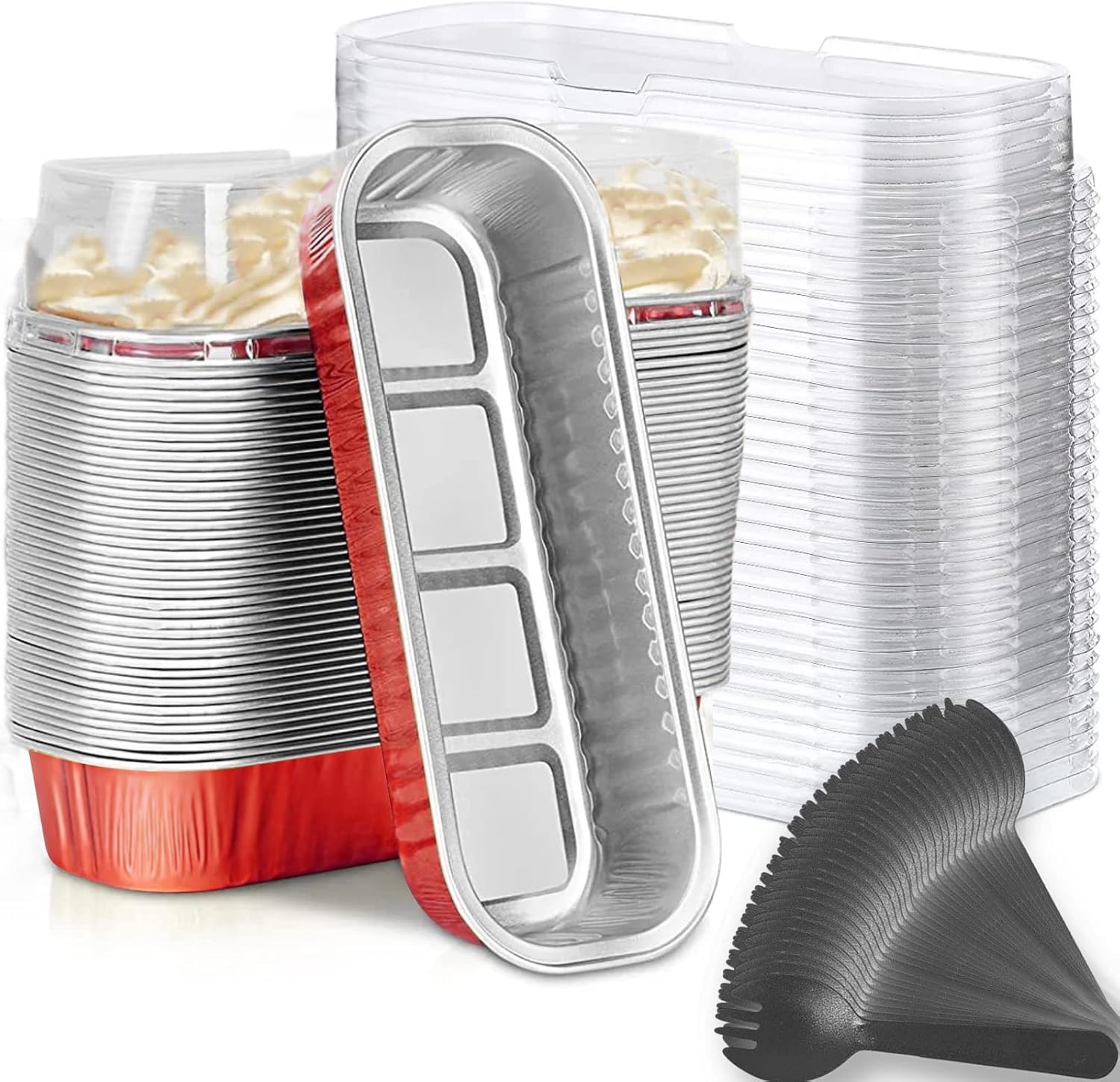 View 1 of Findful Mini Loaf Baking Pans with Lids and Spoons (50 Pack, 6.8oz) Rectangle Aluminum Foil Baking Pans Tins Containers - Cupcake Containers Wrappers Cheesecake Creme Brulee Ramekins