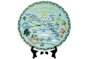 Rockin Gear Decorative Plate - Caribbean Islands Blue Map Souvenir and Gift Kitchen Plate with Display Stand 8" Inch Porcelain Plate, Caribbean Gifts (Caribbean)