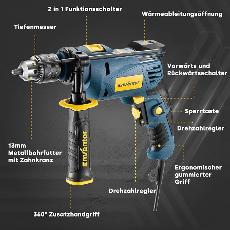 750W Bohrmaschine, mit 9 ​​Stück Bohren, 360° Zusatzgriff