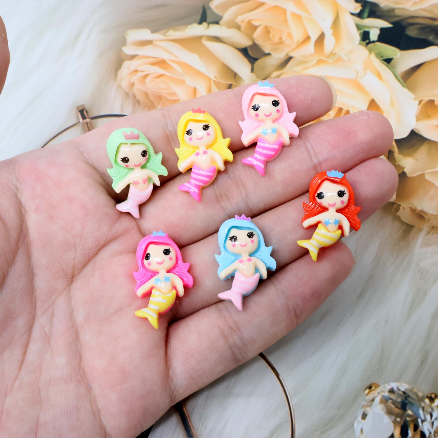 Honbay 60PCS Cute Mermaid Flatback Resin Charms Small Mermaid Slime Charms Ocean Theme Resin Embellishments Cartoon Mermaid Girl Resin Cabochons Crafts Decoration Accessories - 6 Colors