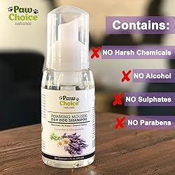 Paw Choice Dry Dog Shampoo, Waterless, No Rinse Foam Mousse - Best for Removing Pet Odor and Bathless Cleaning of Coat - Calming Lavender & Chamomile Scent, Natural, Made in USA