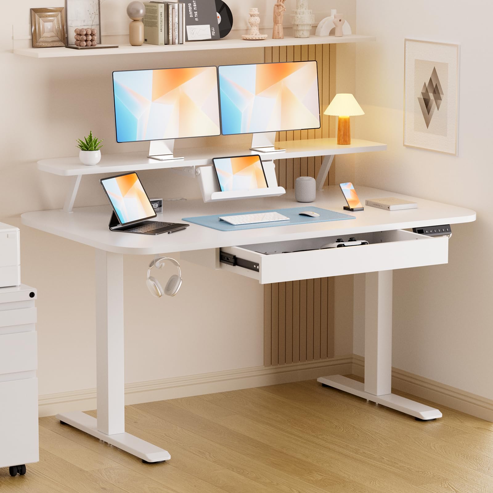 Photo 1 of GTPLAYER Electric Standing Desk with Drawers, 48 x 24 Inches Height Adjustable Computer Desk with Monitor Stand, Laptop Stand, Sit Stand up Desk with Memory Preset for Home, Office, White