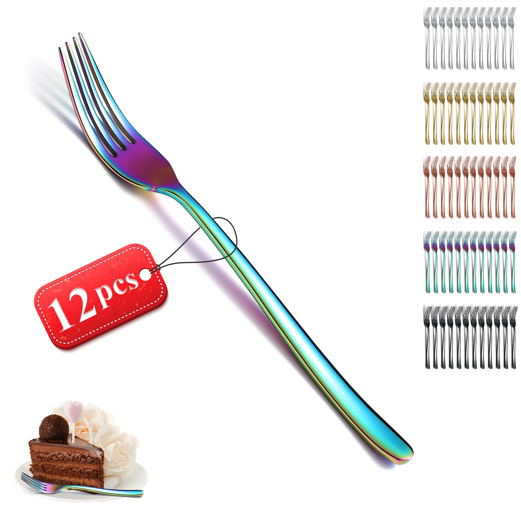 Kyraton Rainbow Dinner Forks Set of 12 Pieces, 20.5cm Colorful Titanium Plating Stainless Steel Table Forks Cutlery Set for Home, Restaurant, Hotel, Dishwasher Safe