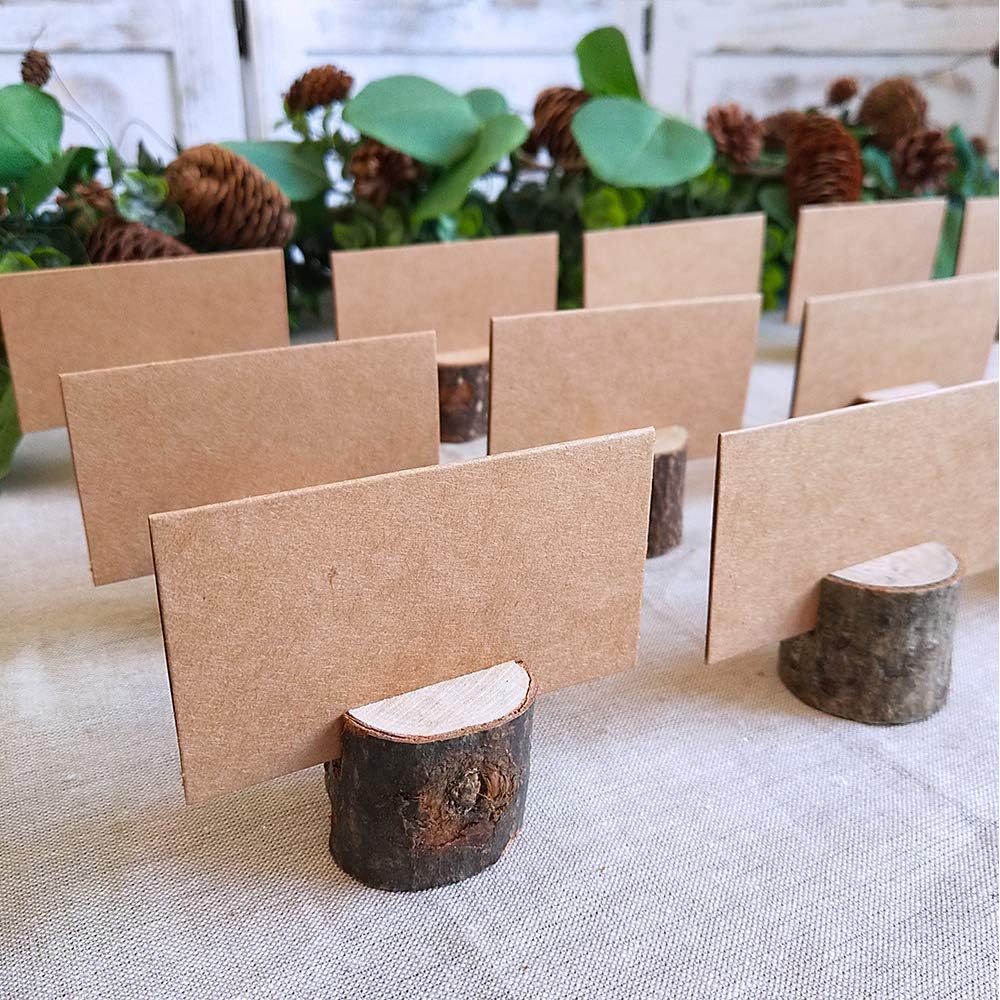 Supla 20 Pcs Rustic Wood Place Card Holders Circular Table Numbers Holder Stand Wooden Bark Memo Holder Card Photo Picture Note Clip Holders and Kraft Place Cards Bulk Wedding Party Table Number Sign: Home & Kitchen