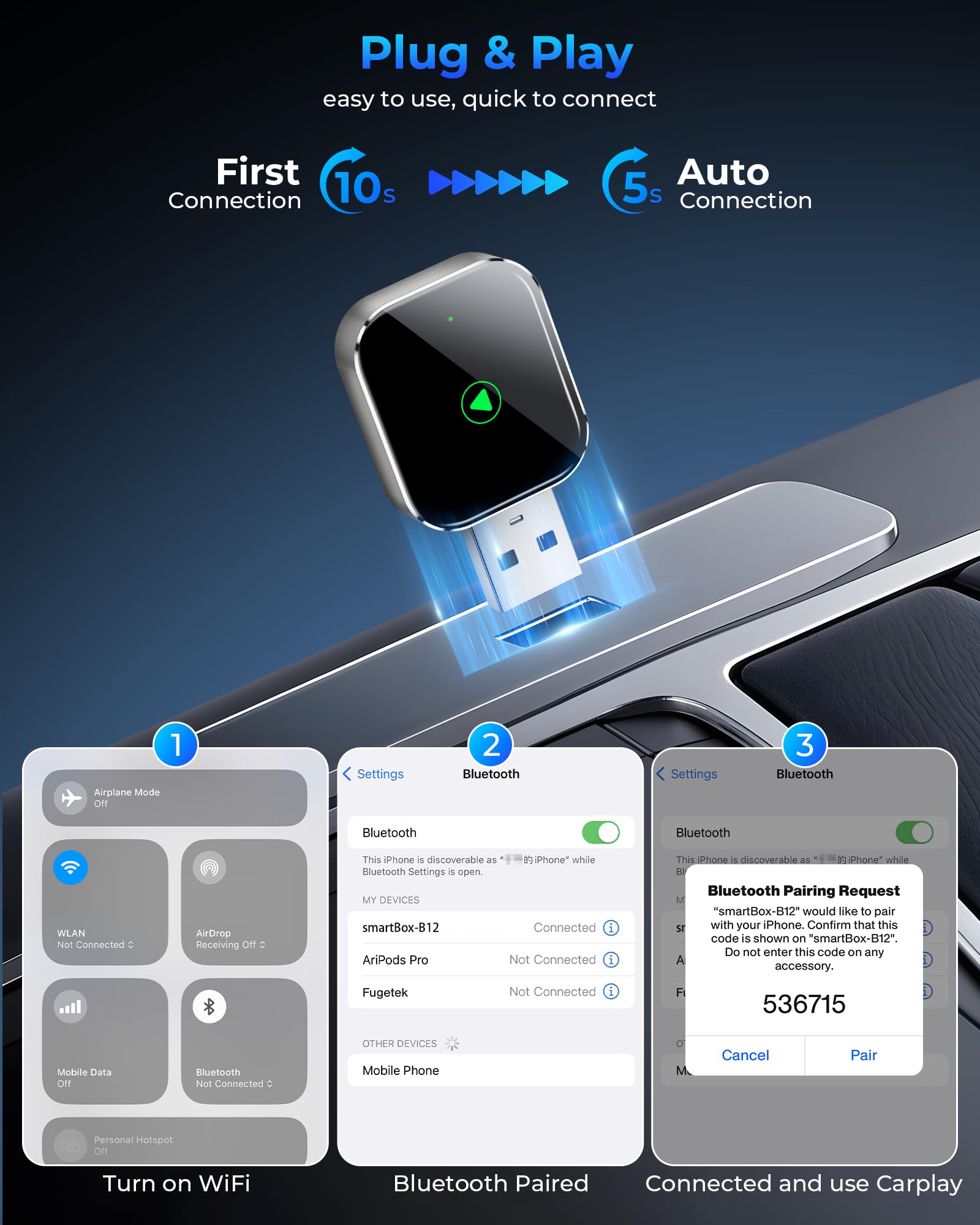 Mini CarPlay Wireless Adapter for Apple iPhone - Converts Wired to Wireless CarPlay Adapter, CarPlay Dongle Stick for Apple Wired CarPlay Cars & for iPhone iOS 10+, USB & Type-C, Plug & Play