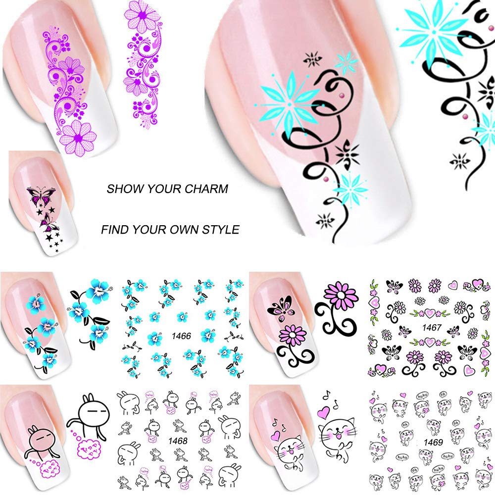 Nail Water Decals Nail Art Stickers for Women Nail Decorations Black Lace Slide Tattoo Papers - Butterfly, Flower, Cat, Long Vine - Toenail Accessories - 40 Sheets Assorted Designs - DIY Styling: Beauty