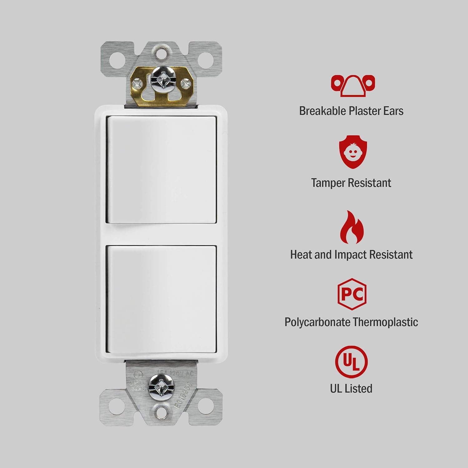 ENERLITES Double Paddle Rocker Decorator Switch, Ground terminal, Clamp-Type Back Insert Wiring, Copper Wires Only, Single Pole, Residential Grade, 15A 120-277VAC, 62834-W-N, White (New Model) - - 