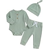 Newborn Baby Boy Clothes Long Sleeve Ribbed Bodysuit Pants Hat 3-Piece Outfit Set