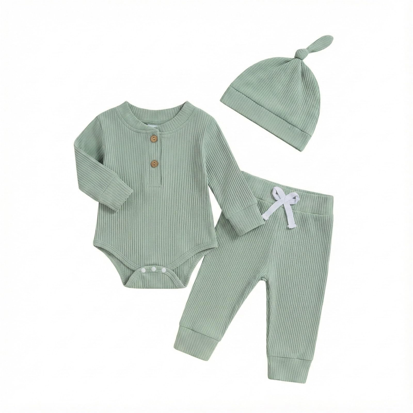 Photo 1 of **No BEANIE**CIYCUIT Newborn Baby Boy Clothes Long Sleeve Ribbed Bodysuit Pants Hat 3-Piece Outfit Set (Green, 12-18 Months)
