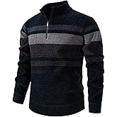 TebYIA Men's Quarter-Zip Sweater Striped Pullover Color Block Knit Sweaters for Men, Long Sleeve Casual Polo Sweatershirt