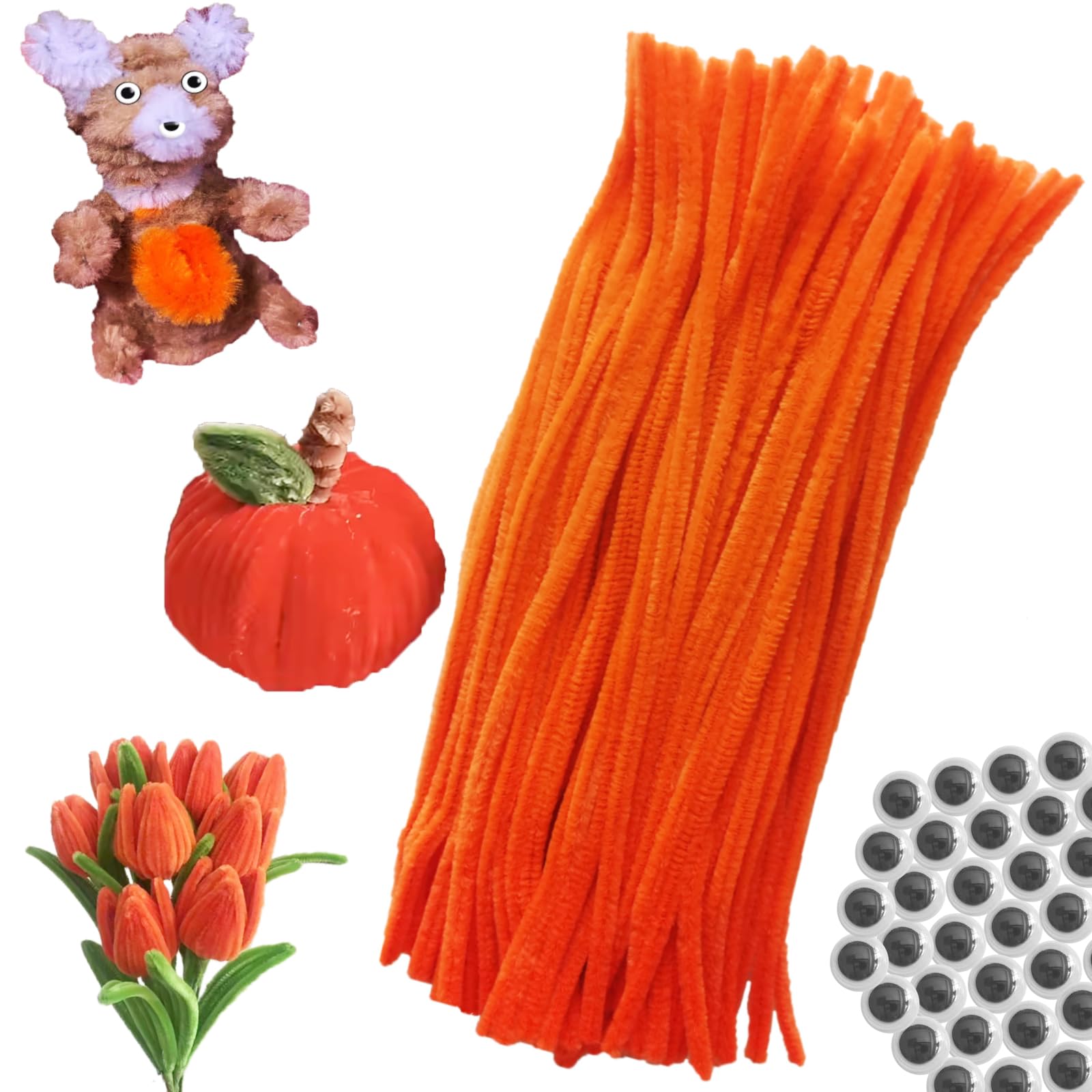 Photo 1 of 100pcs Orange Pipe Cleaners Chenille Stems for DIY Art & Crafts with Googly Eyes 100pcs (12inch x 6mm)