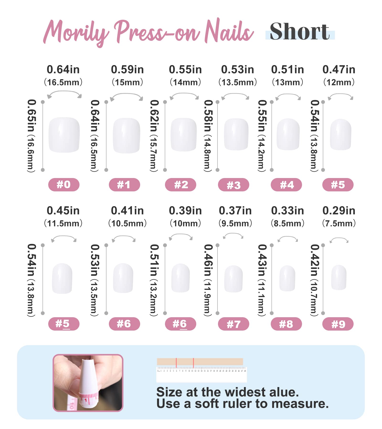 Morily Press on Nails - White Fake False Nails Short Square for Women, Solid Color Glossy Squoval Stick on Fingernails with Adhesive Tabs - 24Pcs in 12 Sizes - Image 6