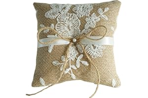 QIRMIZI Vintage Rustic Burlap Ring Bearer Pillow - Elegant Fall Wedding Décor with Lace, Bow, and Embroidered Flower Ribbon