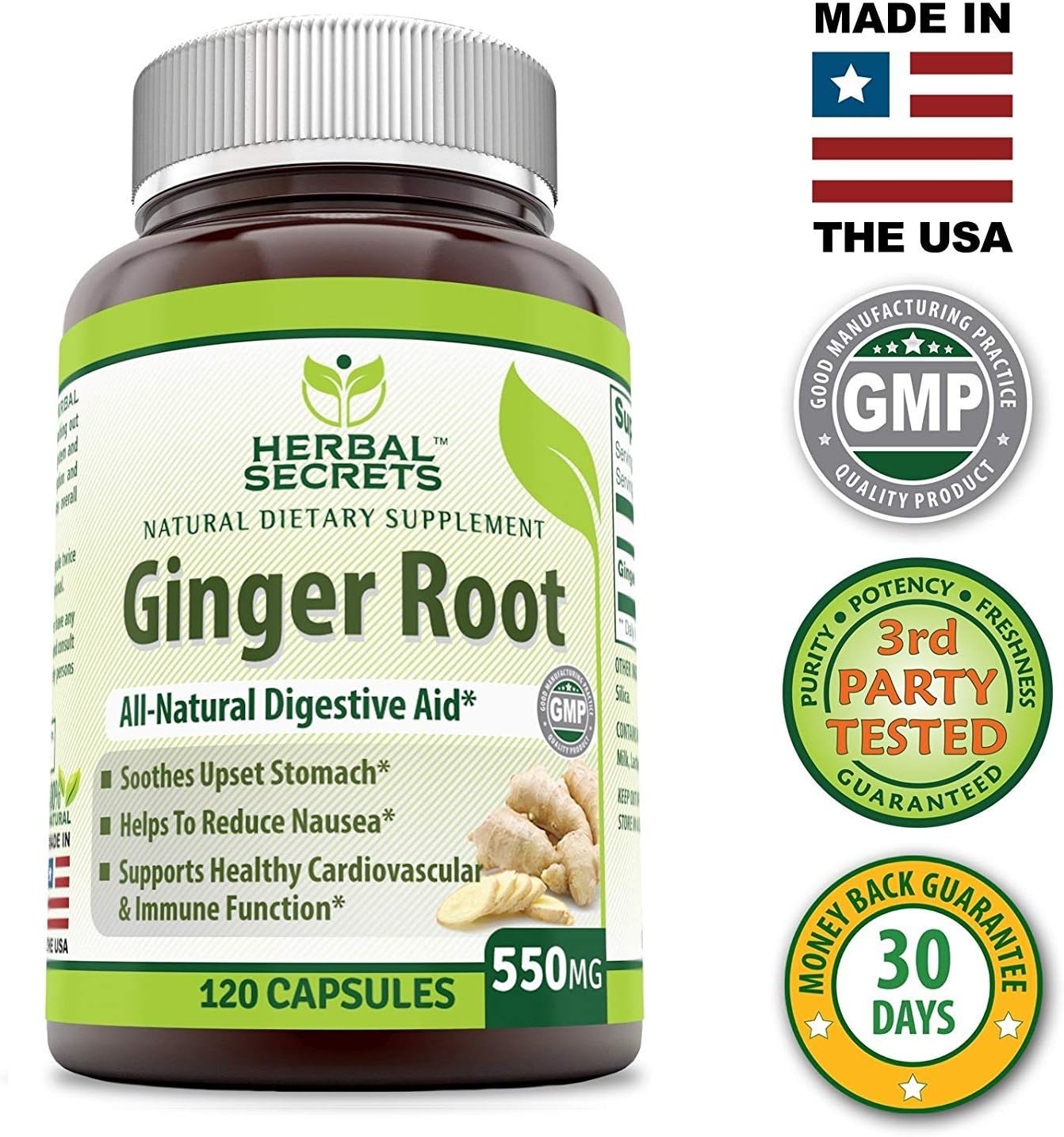 Herbal Secrets Ginger Root 550 Mg 250 Capsules (Non-GMO)- Helps to Reduce Nausea * Supports Upset Stomach*: Health & Personal Care