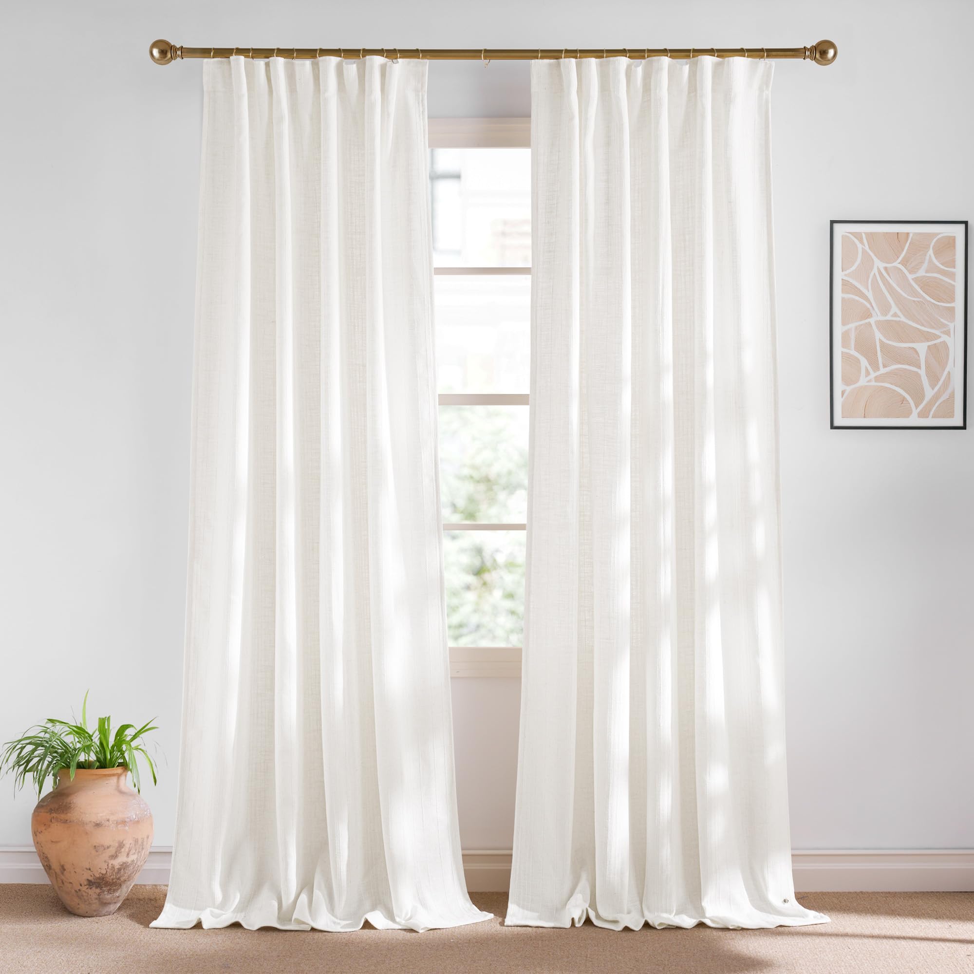 NICETOWN Natural Linen 90 inch Curtains Boho Style, Jacquard Weave Waffle Pattern Privacy Light Filtering Drapes for Farmhouse/Living Room, W52 x L90, 2 Panels Image