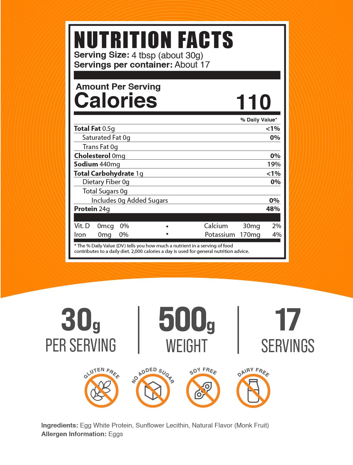 BulkSupplements com Egg White Protein Powder - Egg White Powder, Lactose Free Protein - Unflavored & Dairy Free, 30g per Serving, 500g (1.1 lbs) (Pack of 1)