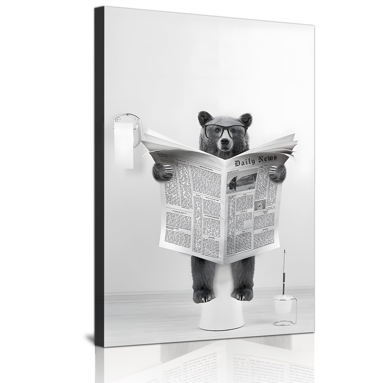 Cute Newspaper Animal Wall Art Black and White Canvas Printed Cabin Bathroom Decoration Bathtub Wall Picture, Frameless (Bear, 2, 1 Pieces, 60 x 90 cm)