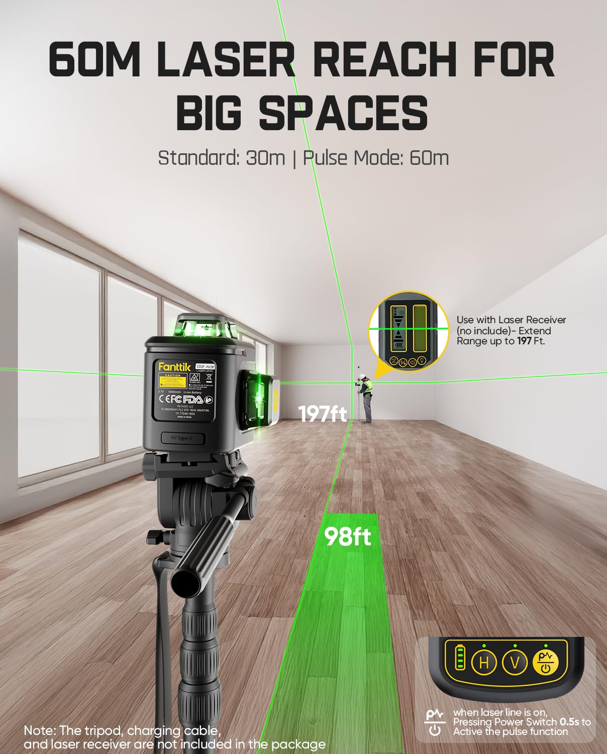Fanttik D12 Ace Laser Level 360 Self Leveling, 3x360° Rechargeable 3D Green Cross Laser, Outdoor Pulse Mode, IP54 Durable, Easy to Use for Construction and Picture Hanging