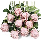 Flojery 10pcs Artificial Rose Flowers Long Stem Fake Silk Roses for DIY Wedding Bouquet Table Centerpiece Home Decor (Light Pink)