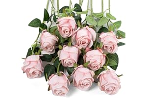 Flojery 10pcs Artificial Rose Flowers Long Stem Fake Silk Roses for DIY Wedding Bouquet Table Centerpiece Home Decor (Light Pink)