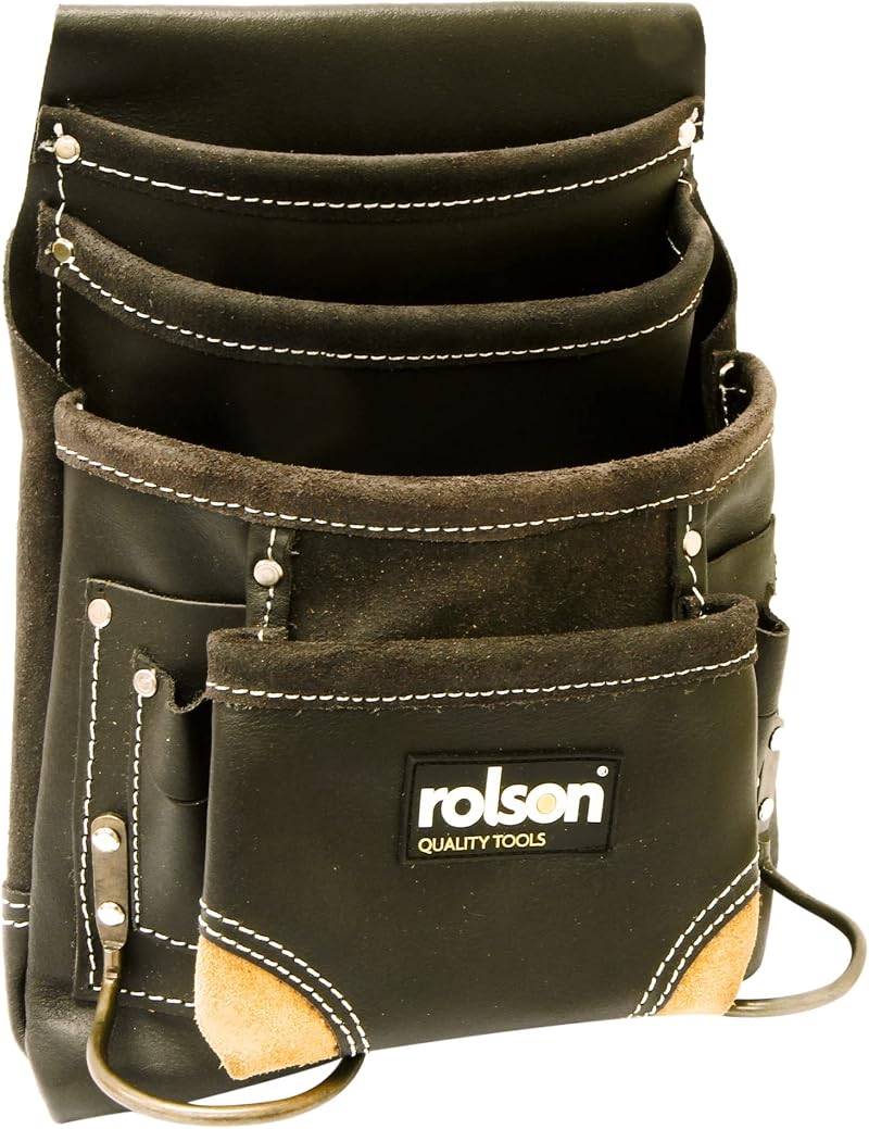 Rolson 68883 Single Oil Tan Leather Tool Pouch - 4 Main 6 Small Pockets Hammer