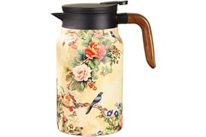 Vintage Floral Pattern Insulated Teapot, 1500mL Stainless Steel Thermal Carafe with Lid & Built-In Infuser, Large Capacity Te