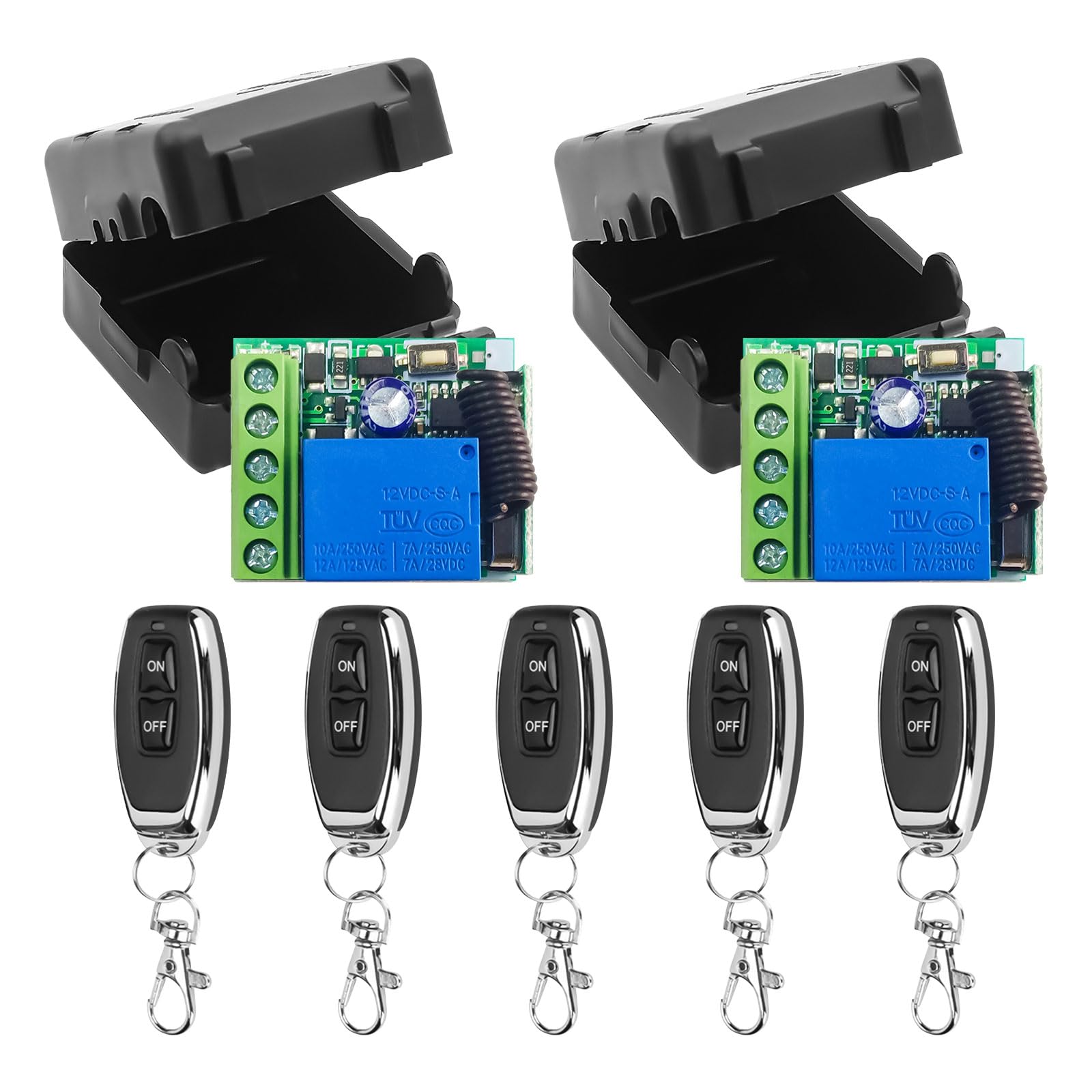 QENETY DC 12V 1CH RF Relay, 433 mhz Universal Wireless Remote Control Switch, Relay Receivers with Transmitters 433Mhz EV1527 Learning Code Remote Control Switch (2 Relay and 5 Transmitters)