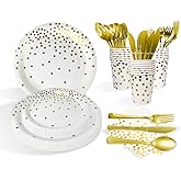 175 PCS White and Gold Paper Plates and Utensils Set Party for 25 Guests Disposable Party Decorations Golden Dinnerware Plates Cups Napkins Forks Knives Spoons for Wedding,Birthday and Party.