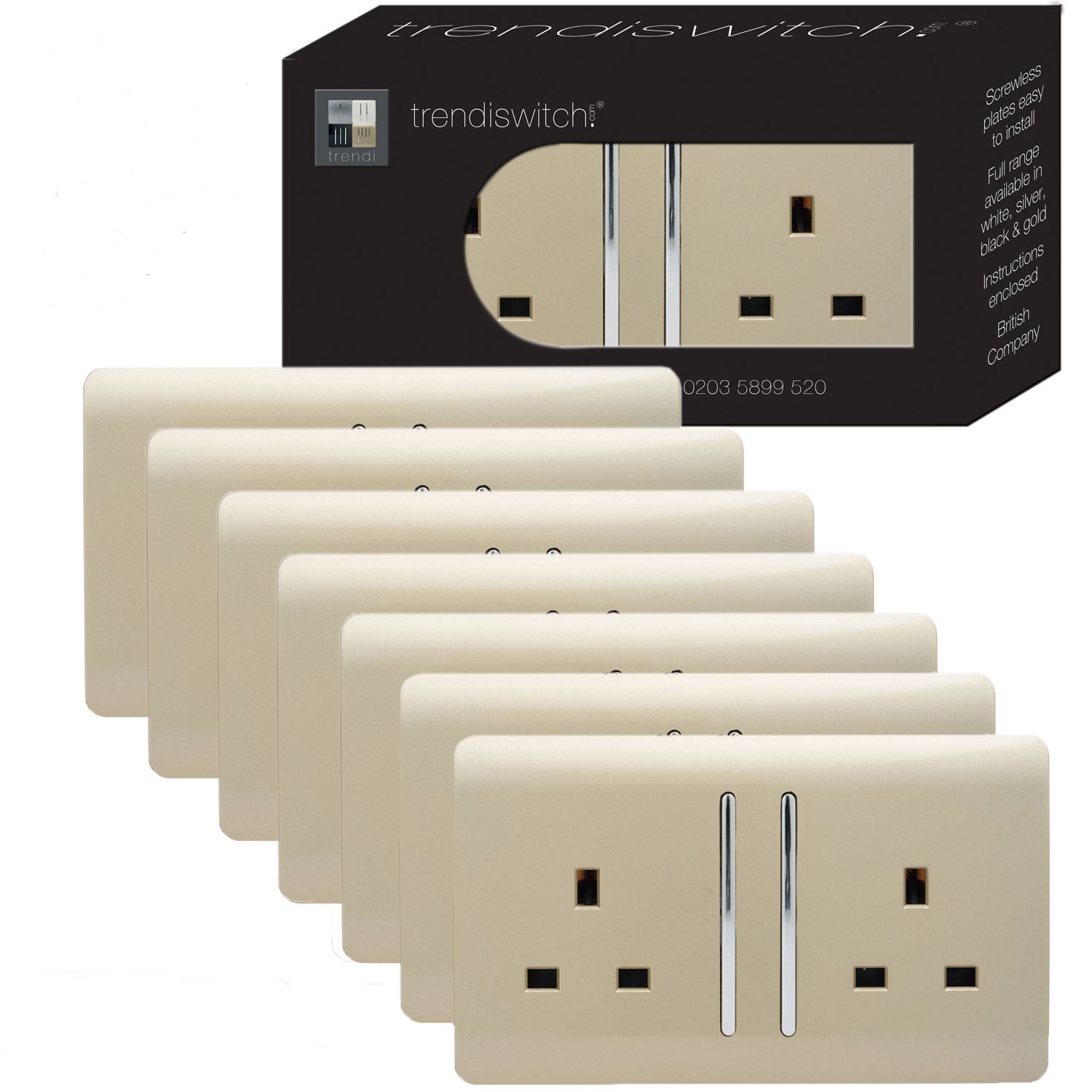 Trendi 2 Gang Artistic Modern Glossy 13 Amp Switched Plug Socket (7 Pack)