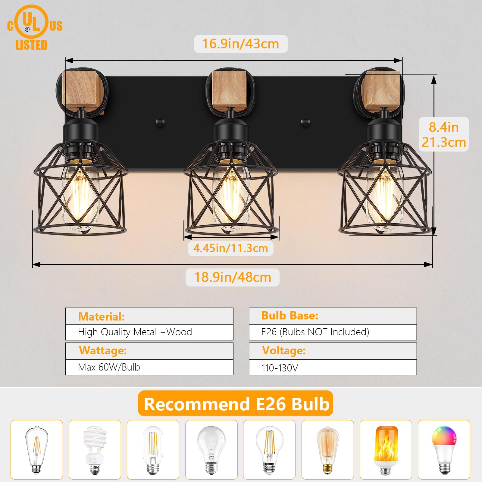 FadimiKoo 3-Light Farmhouse Vanity Light for Bathroom, Wood Bathroom Light Fixtures Over Mirror, Industrial Black Vanity Light with Metal Lampshade for Bedroom Hallway Living Room