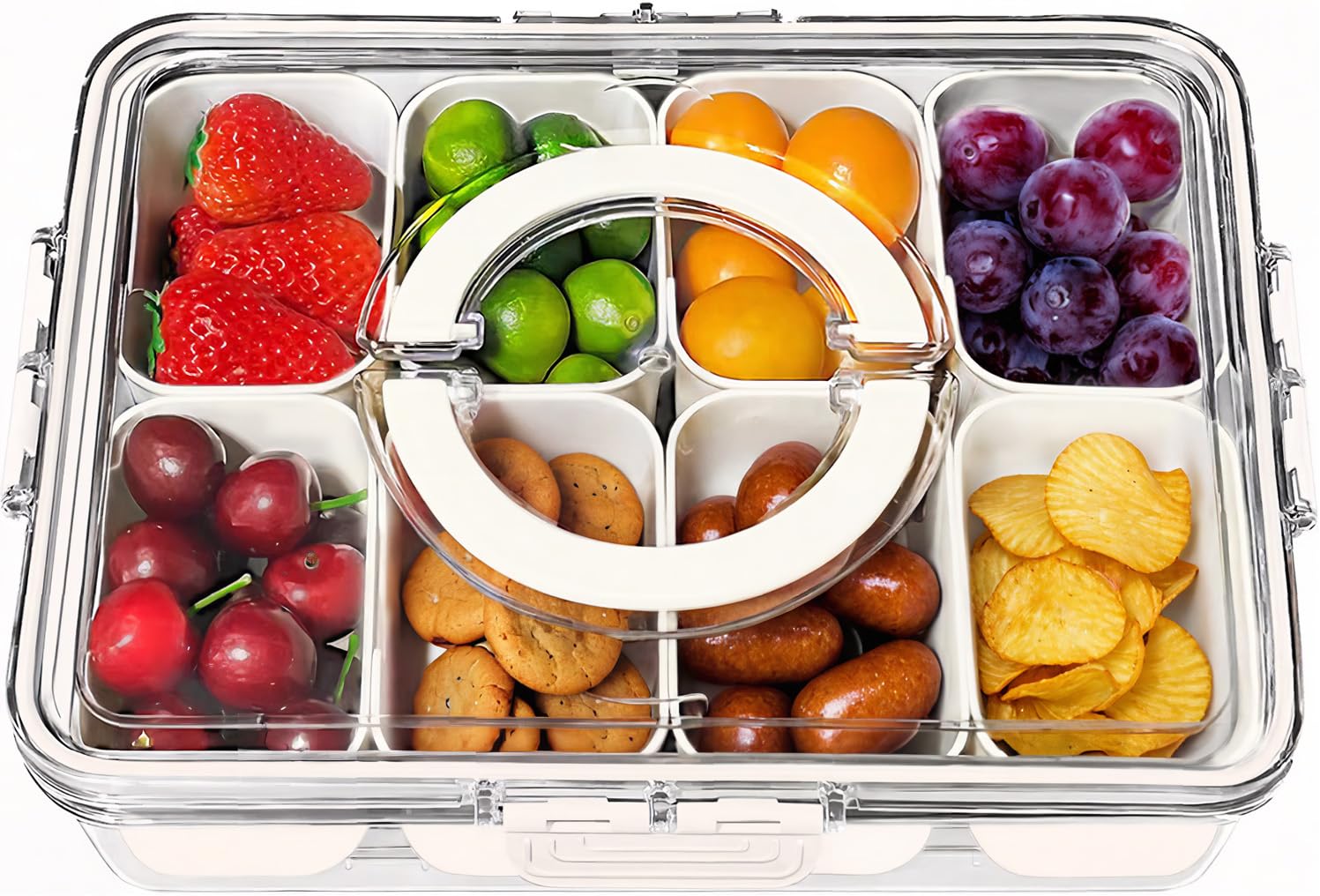 Photo 1 of TOGGOT Portable Snackle Box Container - Divided Serving Tray with Lid and Handle, Clear Snack Box Organizer for Fruits, Candy, Charcuterie, Snacks - Ideal for Party & Travel