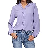 Women Blouses Ruffled V Neck Long Sleeve Shirt Solid Dressy Tops