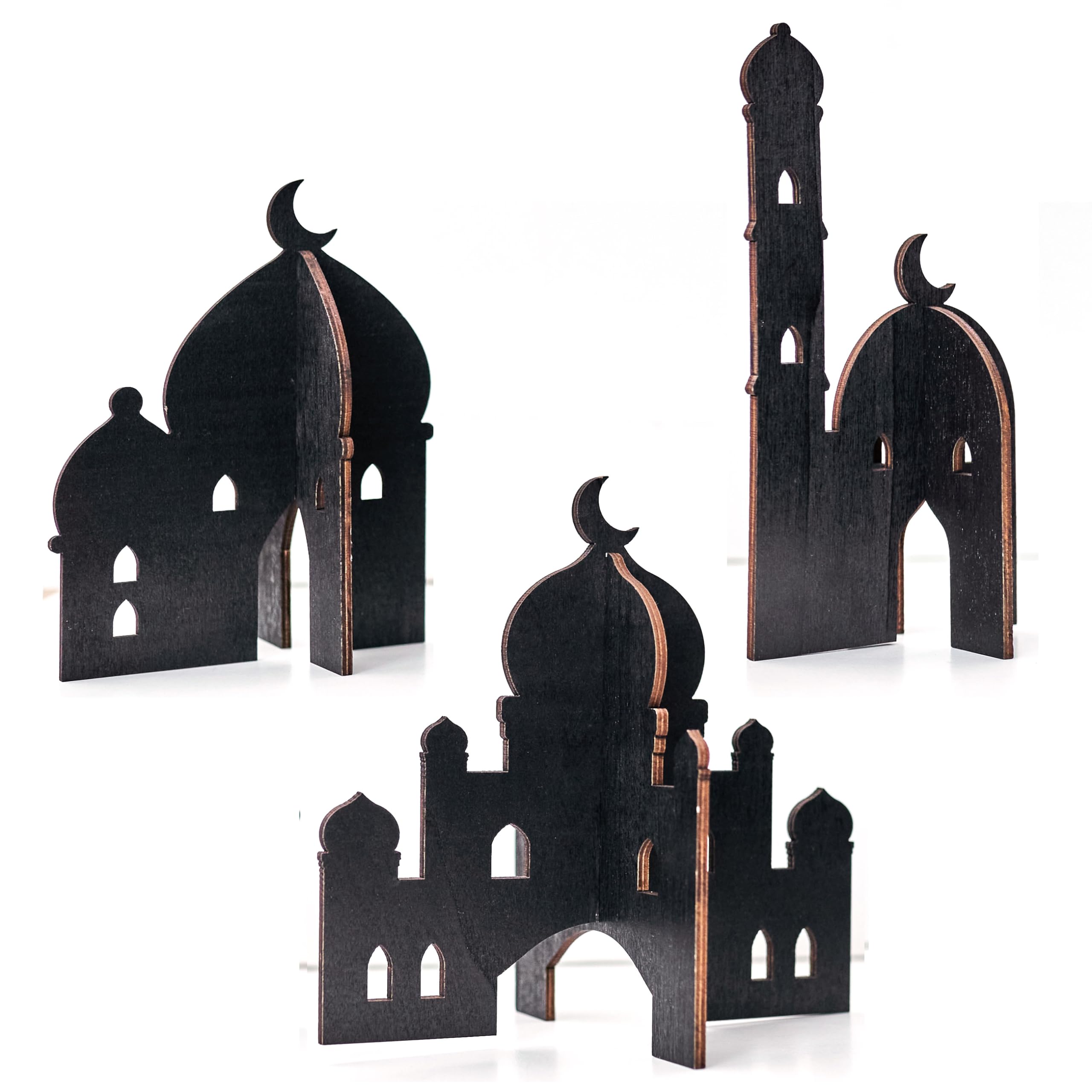 Papierdrachen 3 Different Wooden Mosques for Inserting - Ramadan Decoration - Easy Assembly - Table Decoration Eid Mubarak - Black - Reusable -