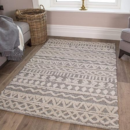 Scandi Grey And Beige Tribal Rug Striped Boho Aztec Moroccan Cream Plush Rugs Living Room Bedroom Hallway Amazon Co Uk Kitchen Home