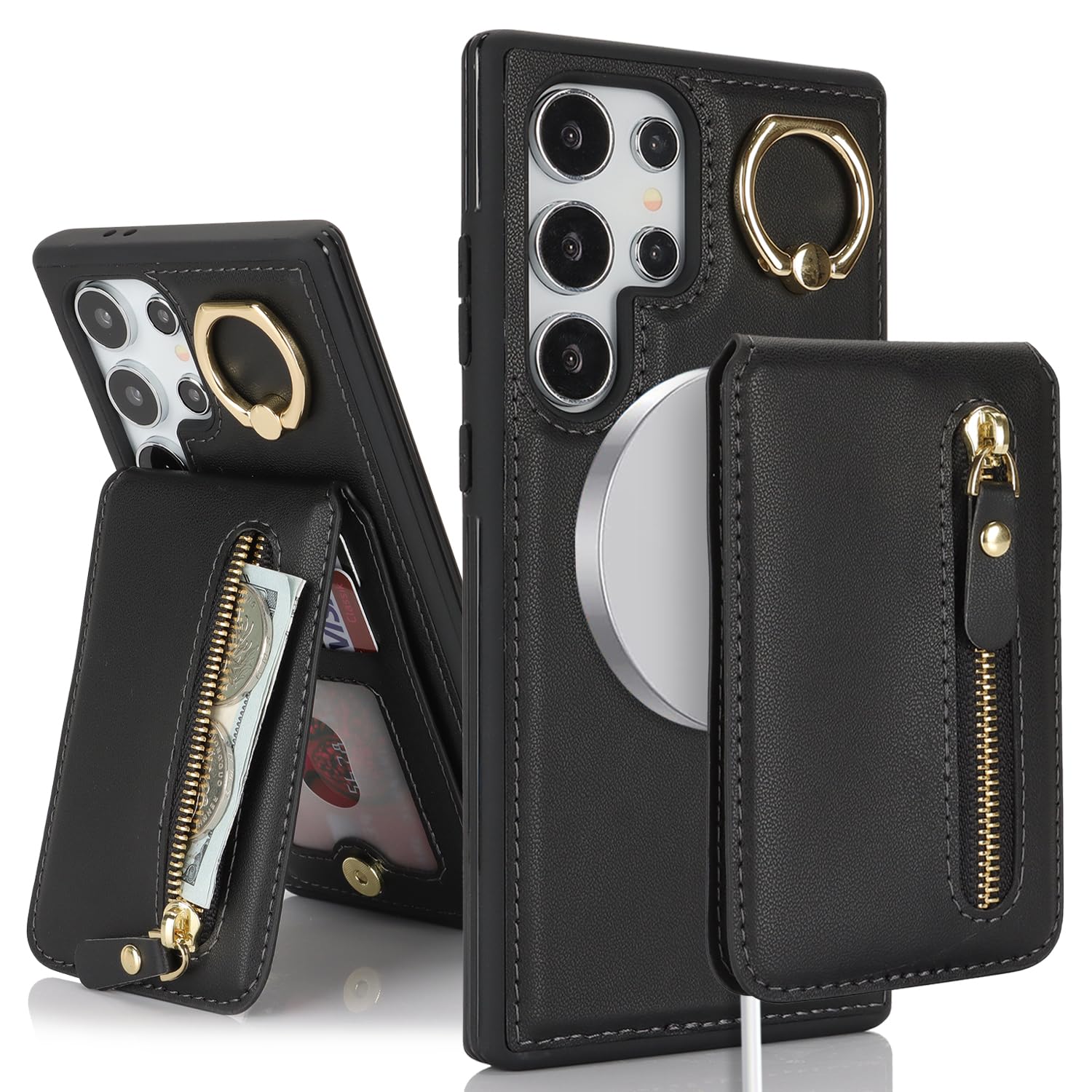 SailorTech Case for Galaxy S24 Ultra With Card Holder, Ring Stand, Kickstand, Card Slots, Wallet - Detachable 2-in-1 Zipper Cover - Black