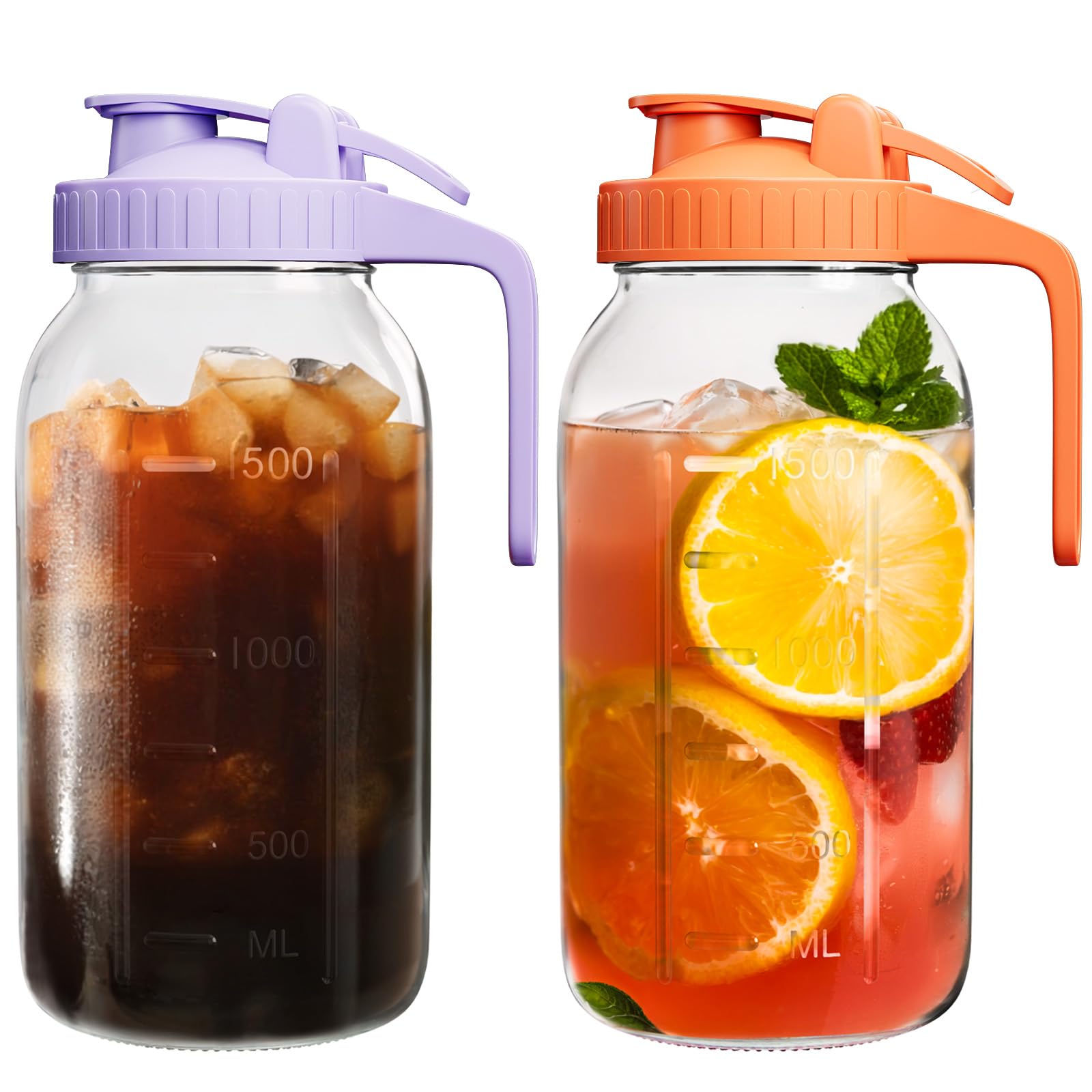 Photo 1 of VA1KENE | 2 Pack | 64oz | Glass Mason Jar Pitcher with Lid and Spout, 2 Quart (1.9 Liter) Airtight Glass Water Jug Wide Mouth for Juice, Sun Tea, Iced Coffee, Milk Storage, Purple & Orange