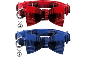 azuza Christmas Breakaway Kitten Collar with Bell, 2 Pack Safety Buckle Kitten Collars with Bowtie, Classic Xmas Plaid Design, Adjustable from 6"-8"